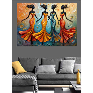 Renkli Elbiseli Üç Kadın Dekoratif Kanvas - Mdf Ahşap Tablo 70x100 cm