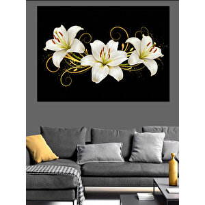 Siyah Zemin Üzerinde Zambaklar Dekoratif Kanvas - Mdf Ahşap Tablo 35x50 cm