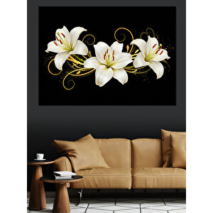 Siyah Zemin Üzerinde Zambaklar Dekoratif Kanvas - Mdf Ahşap Tablo 100x140 cm