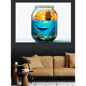 Kavanozda Balina Manzarası Dekoratif Kanvas - Mdf Ahşap Tablo 100x140 cm