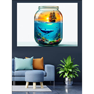 Kavanozda Balina Manzarası Dekoratif Kanvas - Mdf Ahşap Tablo 100x140 cm
