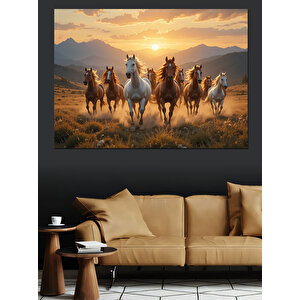Günbatımında Koşan Beyaz Atlar Dekoratif Kanvas - Mdf Ahşap Tablo 70x100 cm