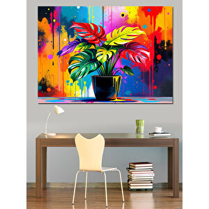 Renkli Boya Fırçalı Bitki Dekoratif Kanvas - Mdf Ahşap Tablo 100x140 cm