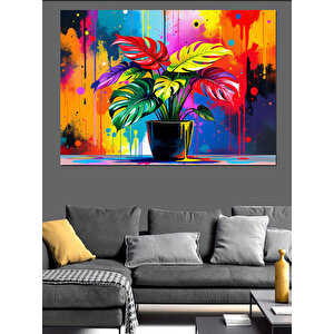 Renkli Boya Fırçalı Bitki Dekoratif Kanvas - Mdf Ahşap Tablo 100x140 cm