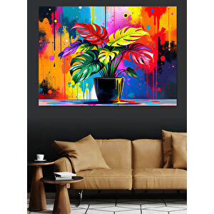 Renkli Boya Fırçalı Bitki Dekoratif Kanvas - Mdf Ahşap Tablo 100x140 cm