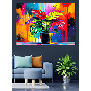 Renkli Boya Fırçalı Bitki Dekoratif Kanvas - Mdf Ahşap Tablo