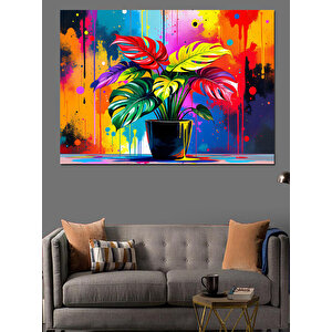 Renkli Boya Fırçalı Bitki Dekoratif Kanvas - Mdf Ahşap Tablo