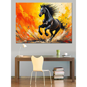 Siyah At Turuncu Zemin Dekoratif Kanvas - Mdf Ahşap Tablo 100x140 cm
