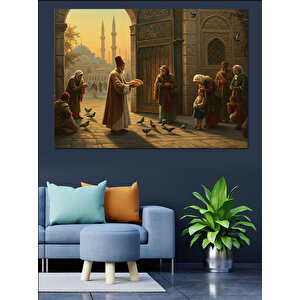 Avluda İnsanlar Dekoratif Kanvas - Mdf Ahşap Tablo 70x100 cm