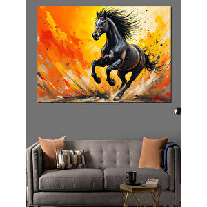 Siyah At Turuncu Zemin Dekoratif Kanvas - Mdf Ahşap Tablo 50x70 cm