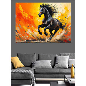 Siyah At Turuncu Zemin Dekoratif Kanvas - Mdf Ahşap Tablo 50x70 cm