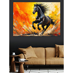 Siyah At Turuncu Zemin Dekoratif Kanvas - Mdf Ahşap Tablo