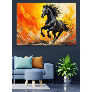 Siyah At Turuncu Zemin Dekoratif Kanvas - Mdf Ahşap Tablo