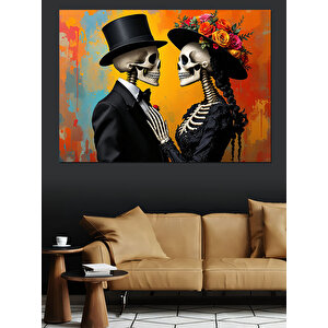 Aşık İskeletler Şapkalı Çift Dekoratif Kanvas - Mdf Ahşap Tablo 35x50 cm