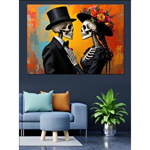 Aşık İskeletler Şapkalı Çift Dekoratif Kanvas - Mdf Ahşap Tablo
