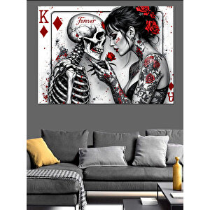 İskeletle Romantik Dövmeli Kadın Dekoratif Kanvas - Mdf Ahşap Tablo 70x100 cm
