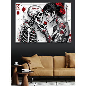 İskeletle Romantik Dövmeli Kadın Dekoratif Kanvas - Mdf Ahşap Tablo 70x100 cm