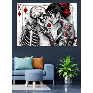İskeletle Romantik Dövmeli Kadın Dekoratif Kanvas - Mdf Ahşap Tablo 70x100 cm