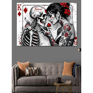 İskeletle Romantik Dövmeli Kadın Dekoratif Kanvas - Mdf Ahşap Tablo