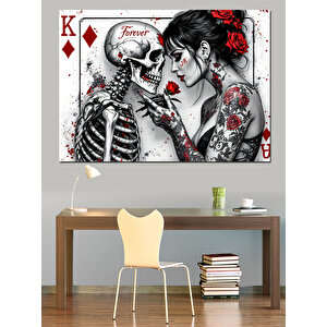 İskeletle Romantik Dövmeli Kadın Dekoratif Kanvas - Mdf Ahşap Tablo