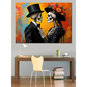 Aşık İskeletler Şapkalı Çift Dekoratif Kanvas - Mdf Ahşap Tablo 70x100 cm