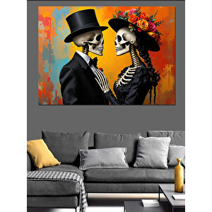 Aşık İskeletler Şapkalı Çift Dekoratif Kanvas - Mdf Ahşap Tablo 70x100 cm