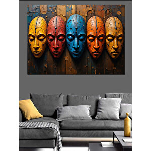 Renkli Afrika Maskeleri Dizilimi Dekoratif Kanvas - Mdf Ahşap Tablo 35x50 cm
