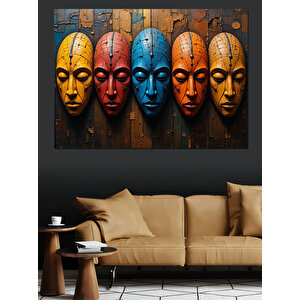 Renkli Afrika Maskeleri Dizilimi Dekoratif Kanvas - Mdf Ahşap Tablo 35x50 cm