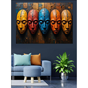 Renkli Afrika Maskeleri Dizilimi Dekoratif Kanvas - Mdf Ahşap Tablo 100x140 cm