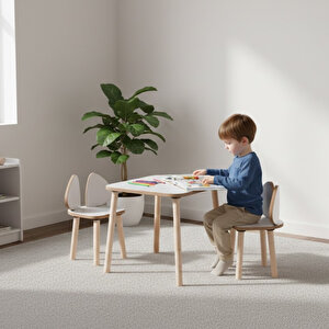 Montessori Çocuk Masası 1 Masa & 2 Mickey Sandalye Beyaz