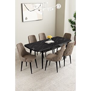 Clara Siyah Mermer Desen 80x132 Açılabilir Mdf Masa Yemek Odası Takımı,mutfak Takımı 6 Adet sandalye Cappuccino