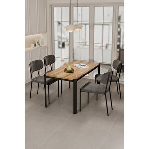 Nexa Siyah Metal Ayaklı 70x120 Sabit Masa Yemek Odası Takımı, Mutfak Takımı 4 Adet Sandalye Antrasit