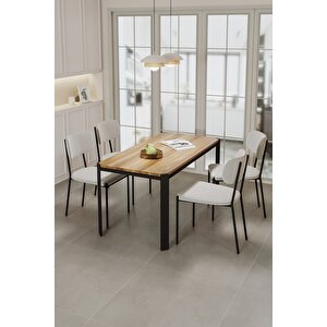 Nexa Siyah Metal Ayaklı 70x120 Sabit Masa Yemek Odası Takımı, Mutfak Takımı 4 Adet Sandalye Krem