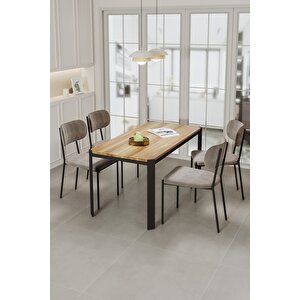 Nexa Siyah Metal Ayaklı 70x120 Sabit Masa Yemek Odası Takımı, Mutfak Takımı 4 Adet Sandalye Cappuccino