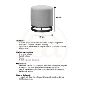 Nuvi Puf Siyah Metal Çerçeveli  Keten Çok Amaçlı Dekoratif Oturak, Makyaj Oturağı,montajsız Puf Bench Antrasit