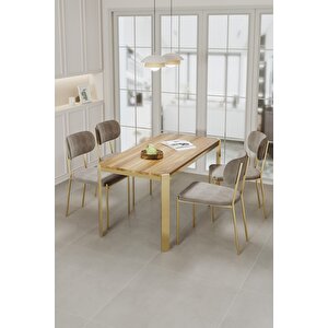 Nexa Altın Metal Ayaklı 70x120 Sabit Masa Yemek Odası Takımı, Mutfak Takımı 4 Adet Sandalye Cappuccino