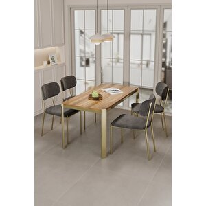 Nexa Altın Metal Ayaklı 70x120 Sabit Masa Yemek Odası Takımı, Mutfak Takımı 4 Adet Sandalye Antrasit