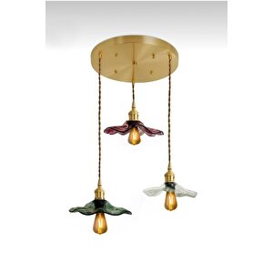 Modern Tasarım Vintage Boheme El Yapımı Karışık Renkli Camlı Üçlü Sarkıt Avize Eskitme Gold
