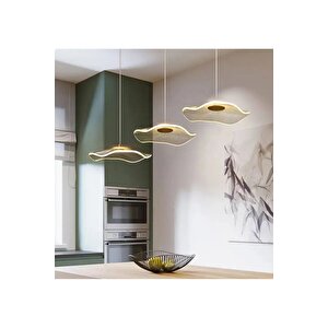 Modern Lotus 3 Lü Yemek Masası Sıralı Sarkıt Avize French Gold Sarı Power Led Avize Warm White