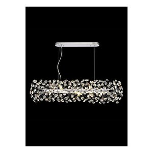 Luxury Collection Modern Tasarım Kristal Taşlı Sarkıt Avize Elips Yemek Masası Krom Gümüş
