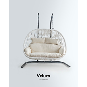 Pop Bahçe Salıncağı Çift Kişilik - Beyaz Rattan Krem Minder