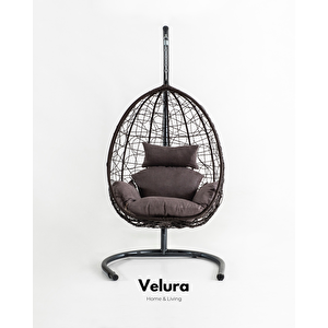 Deco Bahçe Salıncağı - Swing Kahve Rattan Gri Minder