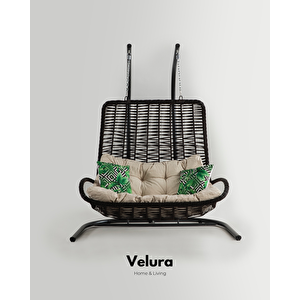 Konfor Bahçe Salıncağı Çift Kişilik - Kahve Rattan Krem Minder
