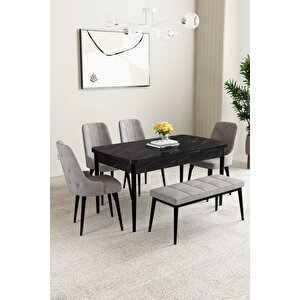 Clara Siyah Mermer 80x132 Açılabilir Mdf Masa Yemek Odası Takımı,mutfak Takımı 4 Sandalye 1 Bench Gri