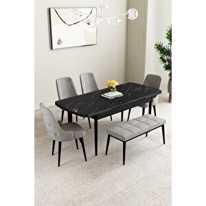 Clara Siyah Mermer 80x132 Açılabilir Mdf Masa Yemek Odası Takımı,mutfak Takımı 4 Sandalye 1 Bench Gri