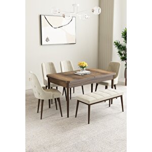 Clara Barok Desen 80x132 Açılabilir Mdf Masa Yemek Odası Takımı,mutfak Takımı 4 Sandalye 1 Bench Krem