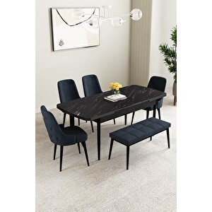 Clara Siyah Mermer 80x132 Açılabilir Mdf Masa Yemek Odası Takımı,mutfak Takımı 4 Sandalye 1 Bench Antrasit