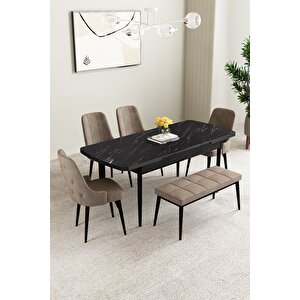 Clara Siyah Mermer 80x132 Açılabilir Mdf Masa Yemek Odası Takımı,mutfak Takımı 4 Sandalye 1 Bench Cappuccino