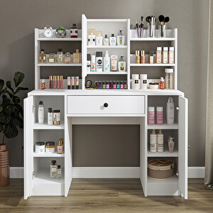 Roomart Glamo Aynalı Makyaj Masası - Tek Çekmeceli, 2 Dolaplı , Takı Düzenleyici Mat Beyaz