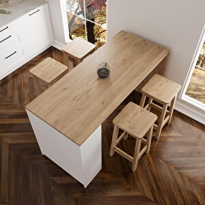 Edgar G4812 4 Adet Sepet Tabureli Bar Masası 160cm Ahşap Üst Beyaz Alt Karşılıklı Oturmalı Masa